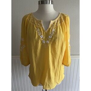 Talbots 3/4 Sleeve Tunic Blouse Crinkle Gauze 100% Cotton Embroidered Yellow S